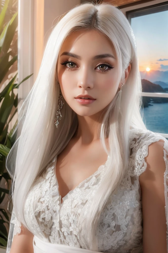 masterpiece, extremely detailed, photorealistic portrait of a stunningly beautiful woman with detailed make-up, extremely detailed eyes, detailed symmetric realistic face, extremely detailed natural texture, ((Beautiful woman watching the sunrise through a large window)), white dress, longhair, white hair, 