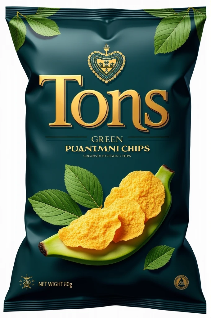 A printable label for a package of green plantain chips. With the name ONE OF THESE, containing net weight of 80g and brand name tons, with the colors black,blue and gold