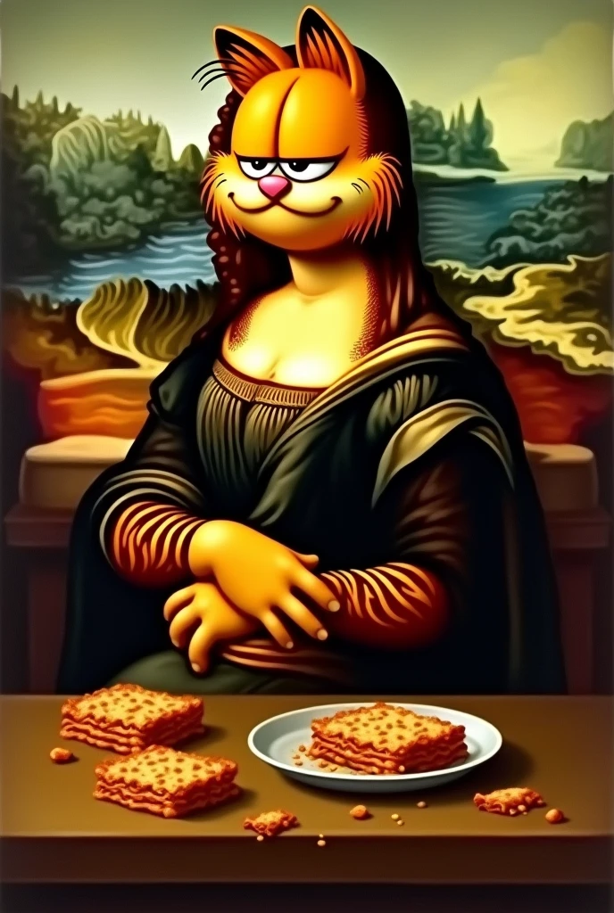 reinterpretation of the mona lisa with garfield and lasagnas