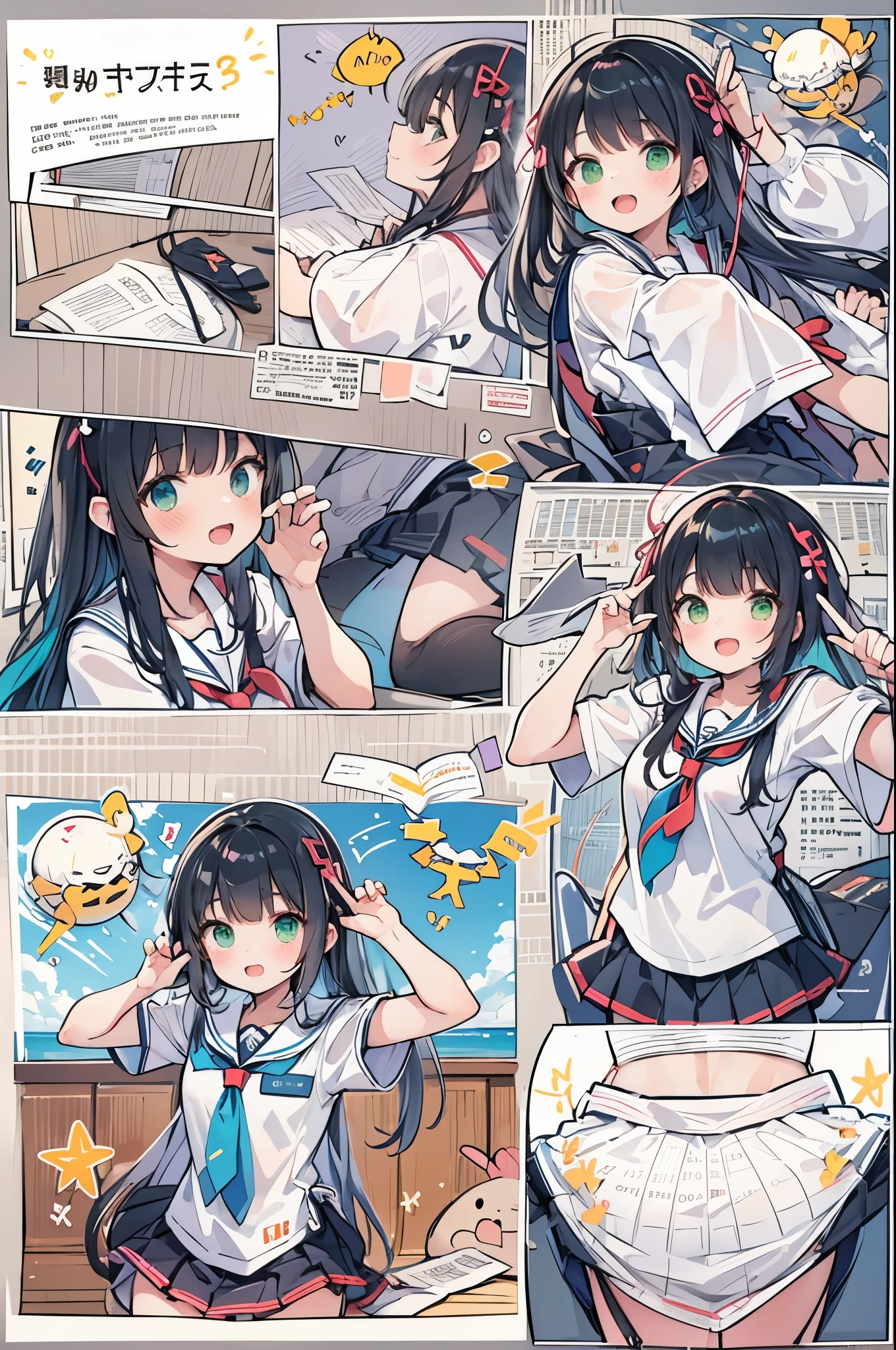 ((2-panel cartoon)),((Highest quality, 8k, masterpiece: 1.3)), whole body,1 personの,1 person,,Glamorous Body,cute,smile,Open your mouth,Black Hair,Beautiful emerald green eyes,long hair,Stand in front,Sailor suit,White short sleeve blouse,tie,Black pleated mini skirt,loafers,Cute gestures,