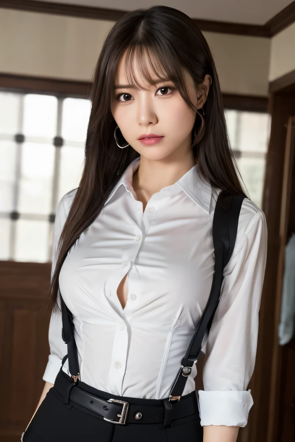 a woman in a suit, belt, hands behind back, sweating, suspenders, black pants, sexly, large breasts, see-through clothing, rain, detective, office worker, white button-up shirt, (best quality,4K,8k,highres,masterpiece:1.2),ultra-detailed,(realistic,photorealistic,photo-realistic:1.37),hyper-detailed,highly detailed face and body, Slender　thin　suspenders　Moderate breasts　See-through shirt　Nipples　holster　chain　Pistol　Armament　criminal　Female criminal　knife