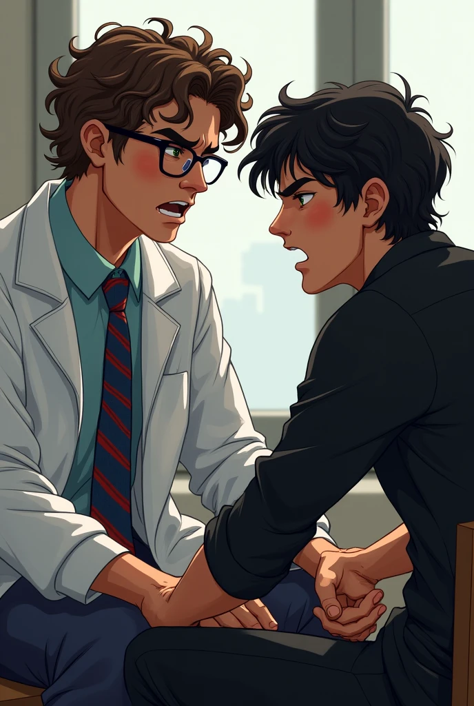 create two guys 20 years old sitting next to each other, in the left the guy is taller has eye glasses and has brown wavy curly hair, he wears lab gown over white long sleeves and blue and red stripes tie, has green eyes looking at the other guy angrily, the other guy beside him wears black clothes has wavy black hair and looks as if he's trying to provoke the other guy. 