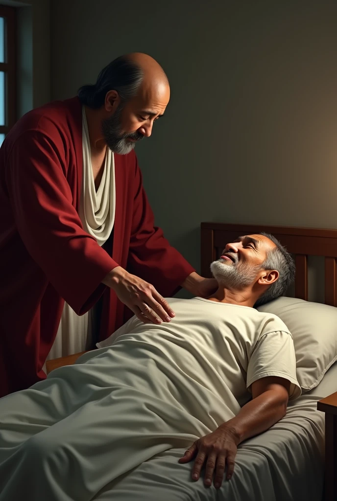 Super realistic images in high resolution. An Indonesian man, 60 years old, totally bald no hair, clear face, slim body, wearing casual, laying on a bed in peace dying. Lord Jesus Christ in classic red as well known by christian, standing by him and touches him softly. Location: house room.