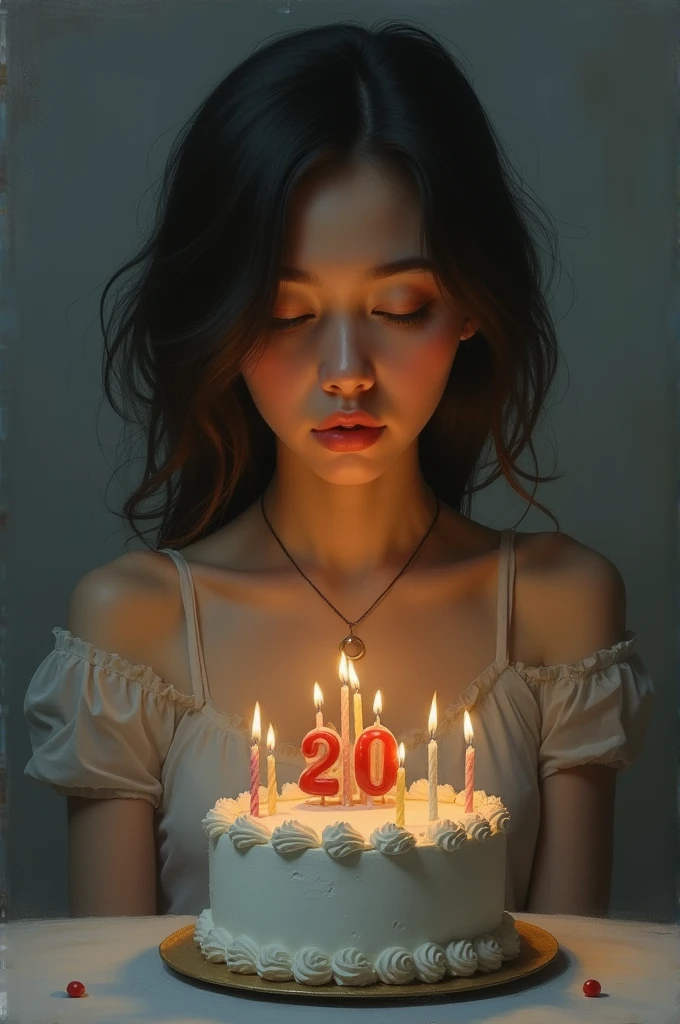 a painting with a content of a woman looking depressed while blowing her 20th birthday candle