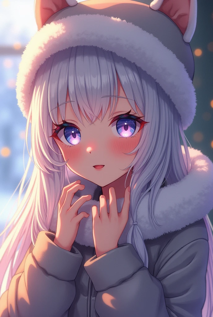 Anime girl with long white hair and colorful eyes in a winter lounge., Girl with white hair, 1K anime style, anime art wallpaper 2k, anime art wallpaper 2k, anime art wallpaper 2k, beautiful animated portrait, beautiful anime girl, 2k anime wallpaper, anime girl portrait, beautiful anime woman, cute smile, fuzzy hat and clothing