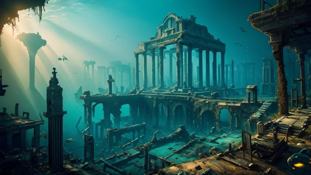 ((masterpiece)),((Highest quality)),((High Detail)),nobody,background,Undersea ruins, Sunken ancient city, In the sea, deep sea, Decaying buildings, dark