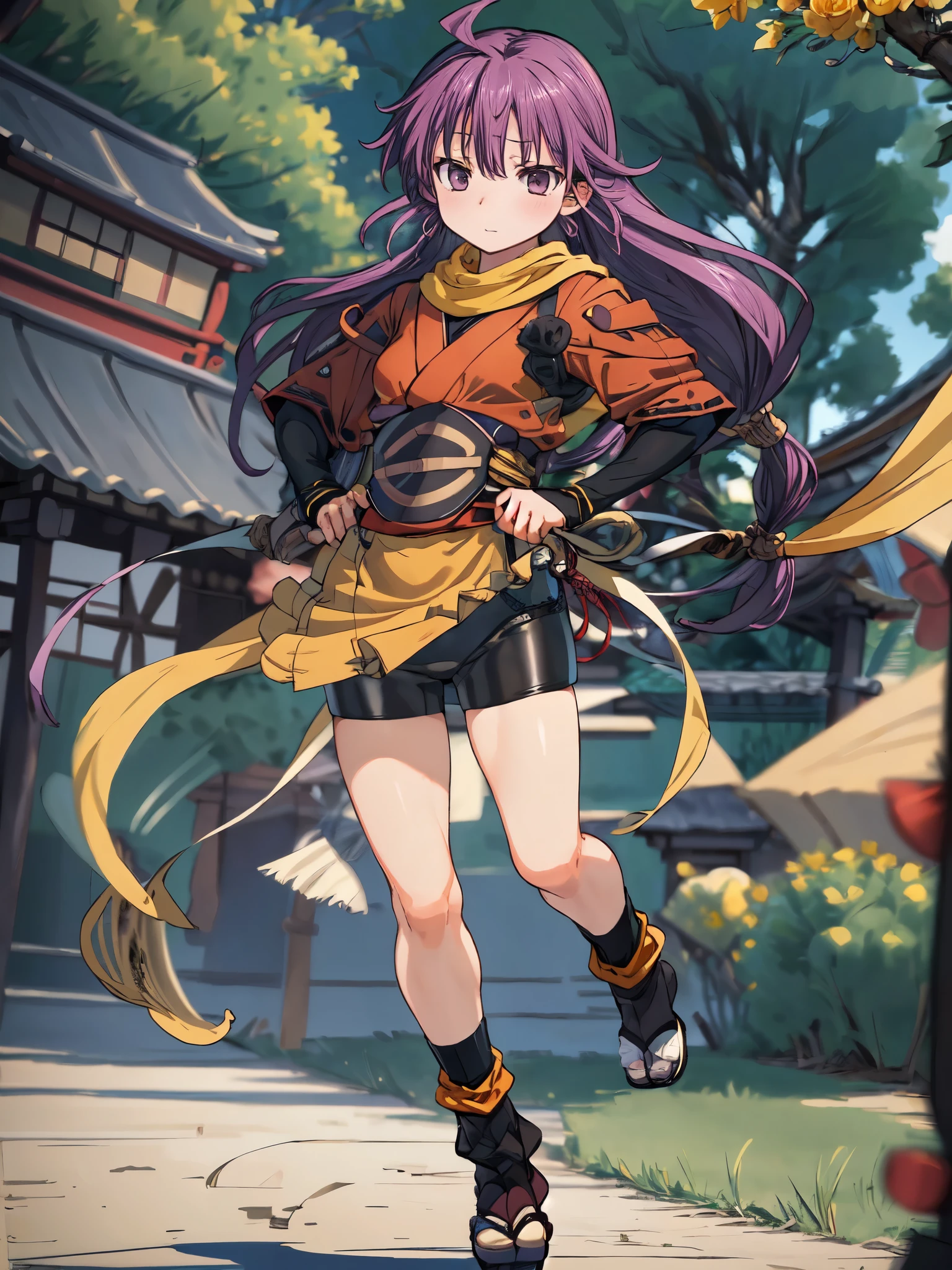 masterpiece, Highest quality, Perfect Face, Highest Resolution, Highest quality,  1 person, account statement, Long hair tied low, Perfect Anatomy, balck spats(Bike Shorts), Yellow scarf, Red kimono, Perfect Anatomy, Japanese Village, field, noon