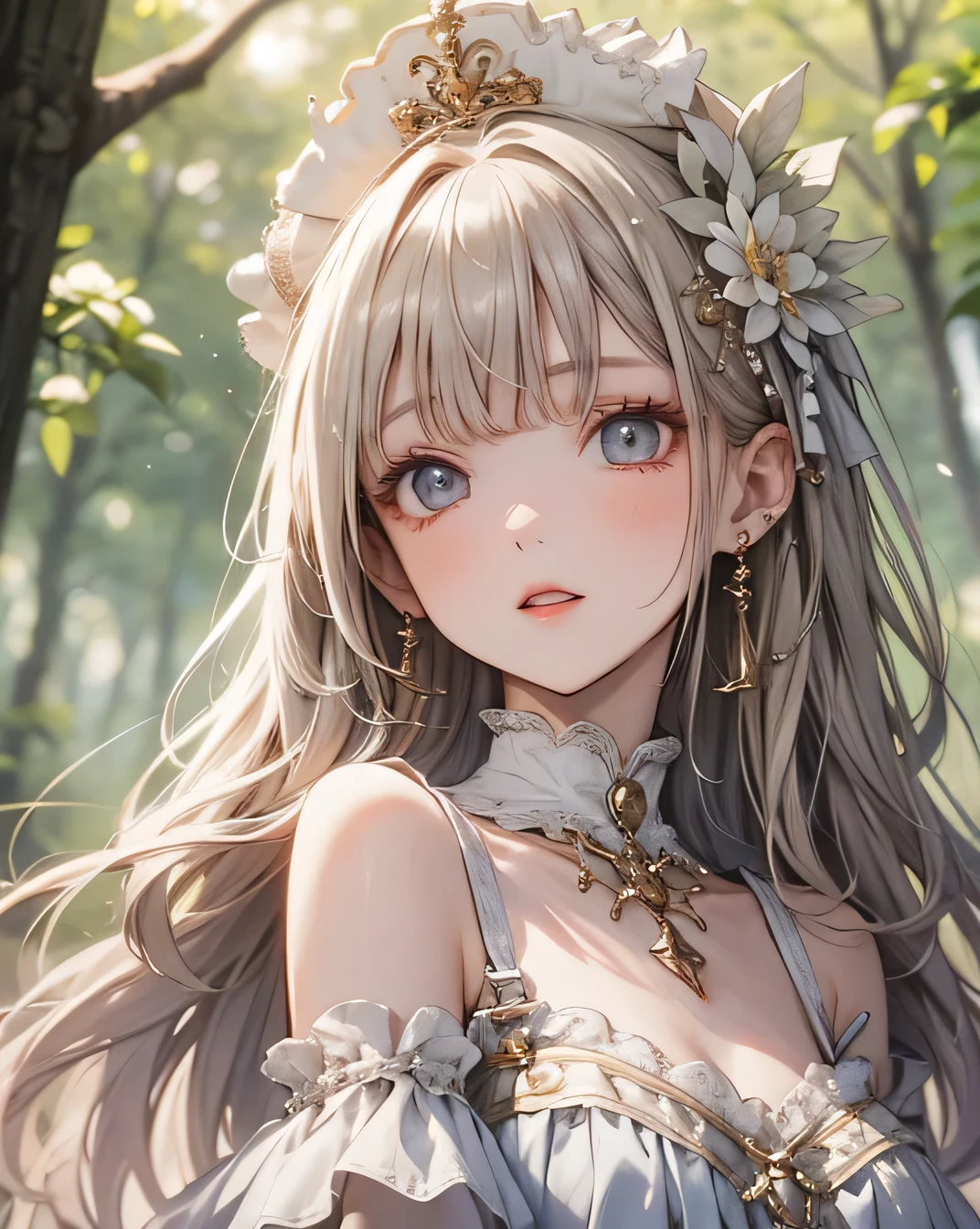 Masterpiece, Highest quality, Ultra-high resolution, Fluorescent color, One beautiful woman, Looking at the audience, Beautiful Face, Beautiful Eyes, (Off the shoulder: 1.2), Lift your head, Upper Body, forest, Shiny Hair, Glowing Skin, Shining Cut,