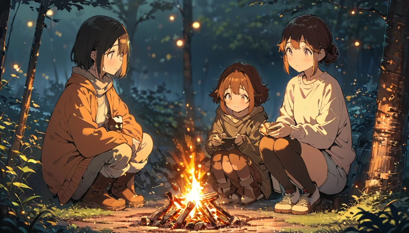 ((anime:1.4,illustration)),(masterpiece, top quality, best quality),(ultra-detailed, absolutely resolution),((16k, high res)),, a campfire outside, soft lighting with dappled sunlight filtering))), ((cozy lofi illustration:1.4)), ((anime:1.4, illustration)),(masterpiece, top quality, best quality),(ultra-detailed, absolutely resolution),((16k, high res)) BREAK {lofi art, style of Laurie Greasley, style of Makoto Shinkai, anime aesthetic}, BREAK { (produces images with information than 40 million pixels with cinematic-like detailed textures shot on a Sony SLR).}