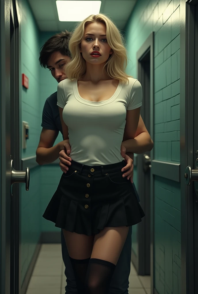 (Public restroom entrance) Sexy blonde woman. A tight-fitting white shirt skirt with black short skirt and stockings.Fearful look.(Chest is g cup).black stockings.((A young man grabs a woman by her hair and drags her into a toilet stall.