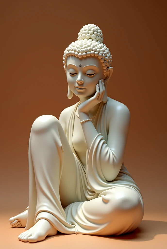 serene Buddha statue like a beautiful cute girl, holding a wish-fulfilling jewel, resting chin on hand, deep in contemplation, A pose where he is sitting with her right leg up and her hand on her face thinking about ways to help people, head tilt, beautiful feminine appearance, Realistic, detailed textures and colors that look like they're about to move at any moment, warm tone, full of compassion expression