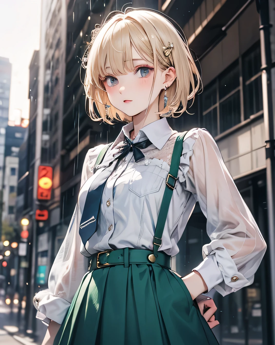 One person, Blonde, short hair, blue eyes, White shirt, Green tie, Green Skirt, city, rain, Detailed Background
