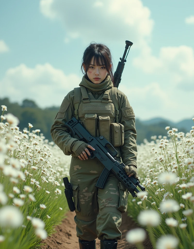 Photo-realistic, ultra-realistic, (very beautiful Japanese, famous Japanese idol:1.3), (Fully equipped for battle:1.5), large assault rifle on her back, (amazing view of white flower farm:1), (painful impressions, crying:1.3), (wearing an army soldier's Camouflage outfits with military helmet:1.5), (standing in the middle of the white flower farm:1.3), very large breasts, (tactical vest, military harness:1.3), (military long boots:1), dynamic angle, spectacular, (injured:1.3), (muddied, damaged wears, damaged body:1.3),