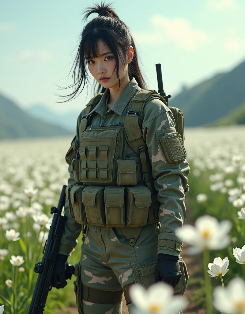 Photo-realistic, ultra-realistic, (very beautiful Japanese, famous Japanese idol:1.3), (Fully equipped for battle:1.5), large assault rifle on her back, (amazing view of white flower farm:1), (painful impressions, crying:1.3), (wearing an army soldier's Camouflage outfits with military helmet:1.5), (standing in the middle of the white flower farm:1.3), very large breasts, (tactical vest, military harness:1.3), (military long boots:1), dynamic angle, spectacular, (injured:1.3), (muddied, damaged wears, damaged body:1.3),
