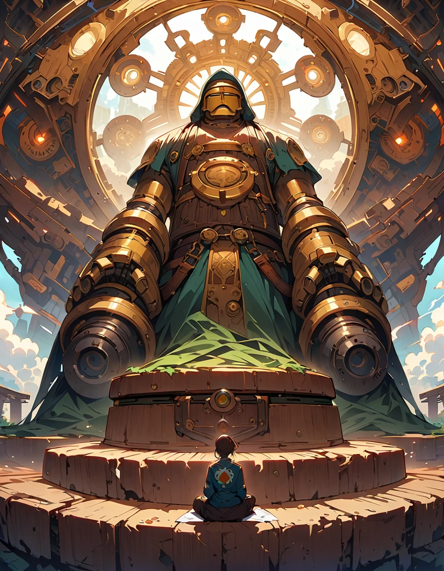 (Highest quality,Extremely detailed depiction,Incredible high resolution),Giant Buddha-shaped robot:1.3,pedestal,Sitting in meditation,Huge Machine,The world of steampunk,High quality anime drawings