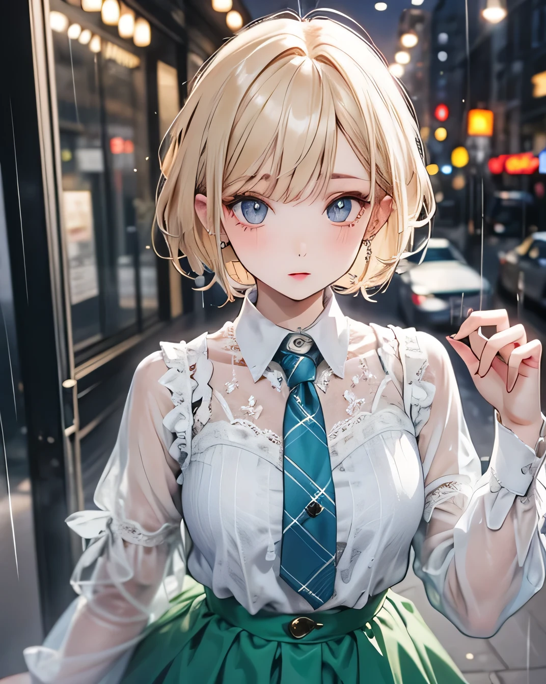 One person, Blonde, short hair, blue eyes, White shirt, Green tie, Green Skirt, city, rain, Detailed Background