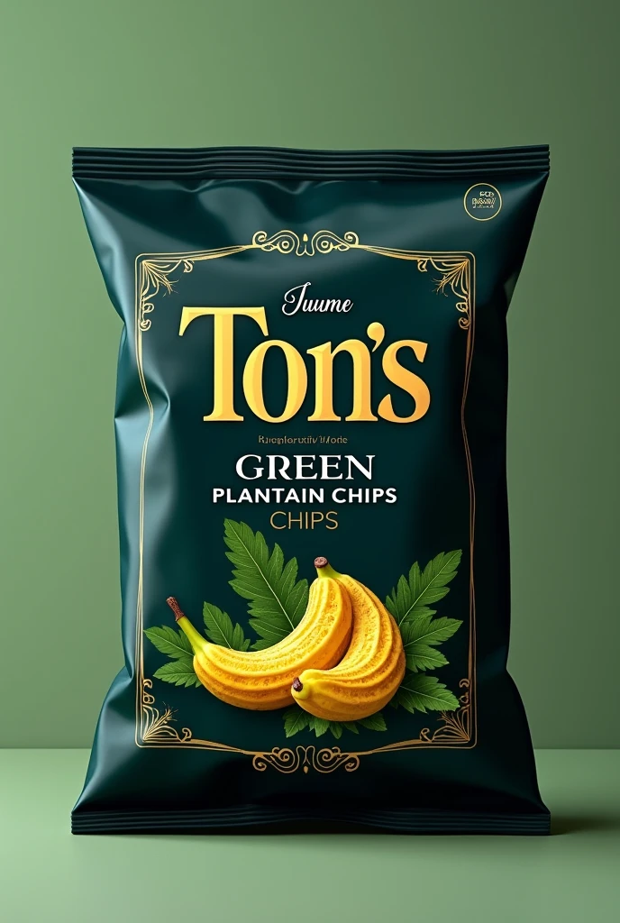 A printable label for a package of green plantain chips. With the name ONE OF THESE, containing net weight of 80g and brand name tons, with the colors black,blue and gold