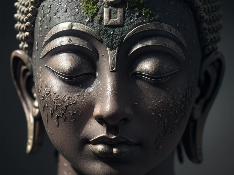 (Buddha statue face),Covered in moss,(Strong Shadows:1.3),water vapor,(Horror Style),(curse:1.3),(soul:1.3),(ultra Realistic 8k cg, RAW Photos, Highest quality, masterpiece:1.2),High resolution raw color photos,Professional photos,(Realistic, photo-Realistic:1.3),(Highest quality),(Cinematic Light),(masterpiece),Strong Rim Light,indirect lighting