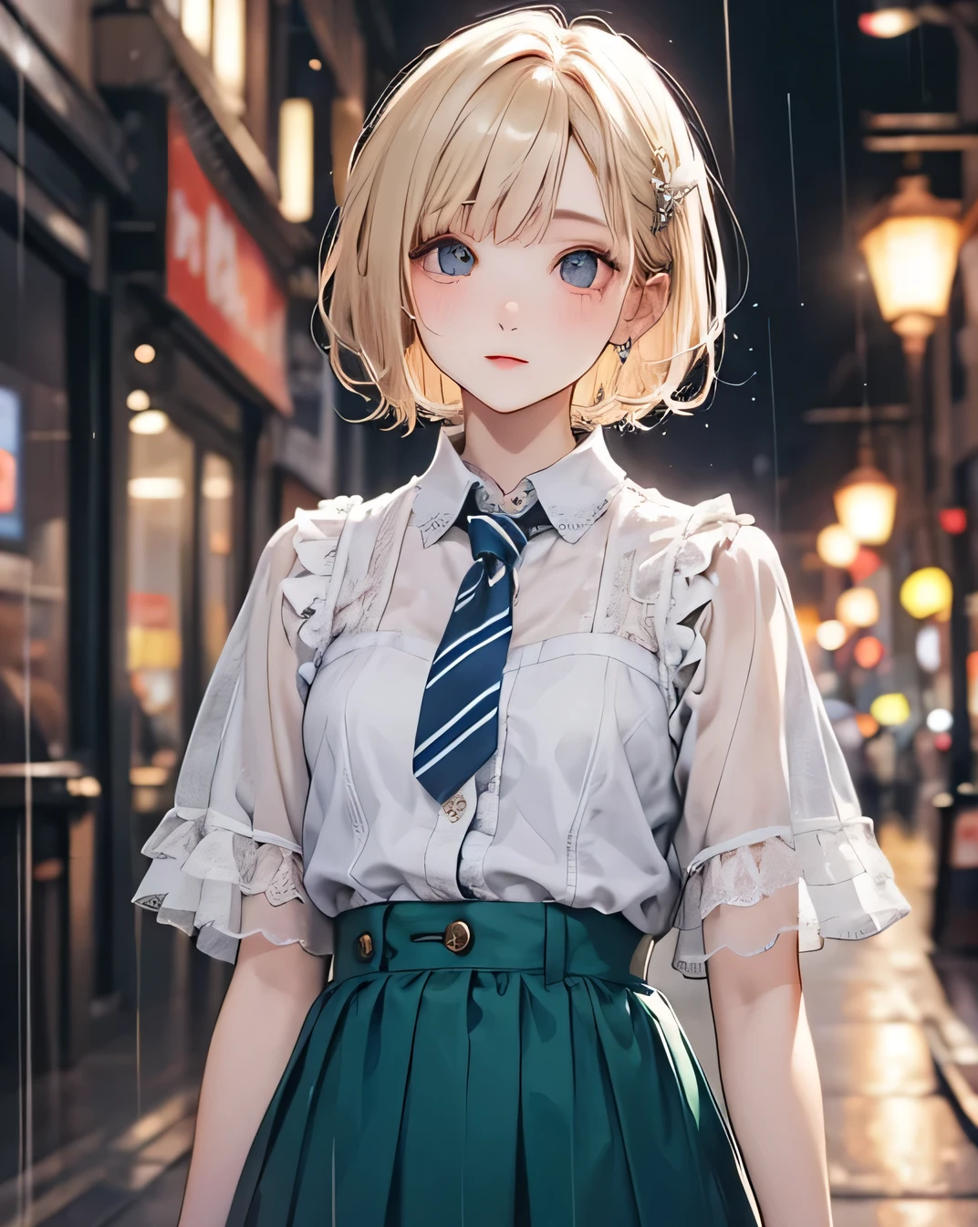 One person, Blonde, short hair, blue eyes, White shirt, Green tie, Green Skirt, city, rain, Detailed Background