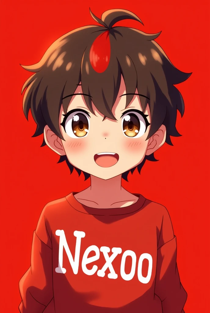 Make me a boy who looks like in anime, he has brown curls and a red stripe in front and the background is red, he should smile and the background should also be red and he has a red sweater with Nexoo written on it in white letters, he should look like in anime