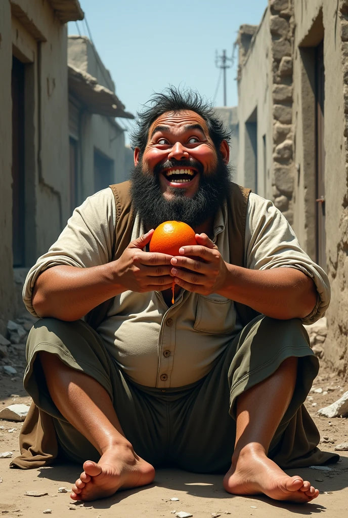 A fat poor man is sitting on the ground eating fruit and laughing