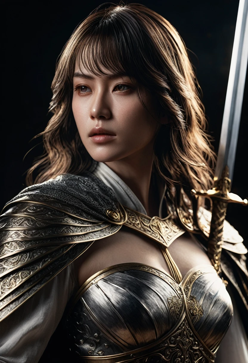 genius idol Akechi, long hair, black hair, subtle makeup, golden hour, photorealistic, high contrast, 8k HD, detailed, hyper-detailed, realistic skin texture, tiny breast, best quality, ultra high res, raw photo, dramatic lighting, unreal engine, diffuse glow intricate silver eaba, white imperial cape, arm, hand, spear, ((She grabbed her (sword))), no helm, intricate details High Quality, 8k, Realistic, Ultra-Detailed, Dramatic Lighting, Soft Focus, Digital Illustration, Intense Expression, Strong Gaze, Intense Emotion, Complex Mechanics, Advanced Technology, Dark Background, Cinematic, High Contrast, Moody, Strict, Atmosphere, (Best Quality, 4k, 8k, High Definition, Masterpiece: 1. 2 ), ultra-detailed, (realistic, graphic, photorealistic:1.37) --no glass