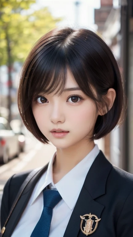 One Girl, (a beauty , delicate :1.3), (Uniform:1.3),((Cute pose)) ,Very detailedな明瞭さ, (Symmetrical eyes:1.3), Small breasts, Thighs、Brown eyes, ((very beautiful long black hair)),((Pixie Cut))、 Brown Hair, ,, (Eye and facial details:1.0),, (masterpiece, Highest quality, Very detailed, Detailed face, 8k)