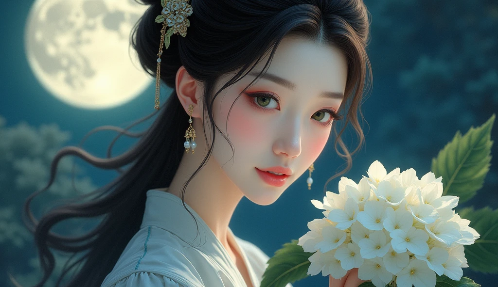 masterpiece, best, night, full moon, 1 woman, mature woman, Chinese style, Ancient China, elder sister, The Royal Sister, smile, dark brown hair, dark hair, princess cutout, hair, curly hair, double ball head, pale pink lips, tranquility, intellectual, medium hair, green pupils, hairpin, hydrangea, gentle face, face close up, Hand close-up