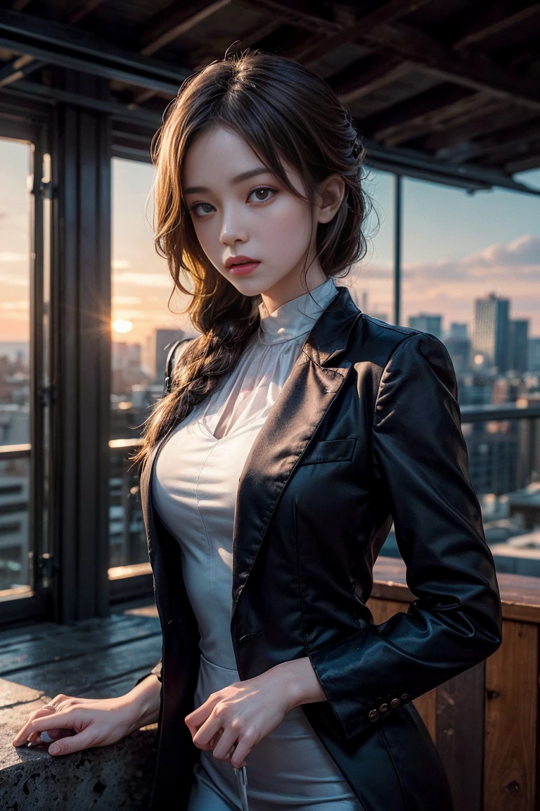 A hyper-photorealistic portrait of Makima from Chainsaw Man, depicted as a 2 woman with striking red hair tied in a neat braid that falls over her left shoulder, and piercing golden eyes that exude an eerie, commanding presence. She is dressed in a perfectly tailored black suit with a white dress shirt and a black tie, exuding an aura of authority and mystery. The background is an urban rooftop at sunset, with the cityscape bathed in warm, golden light that contrasts with Makima's cold expression. Captured with a Nikon Z9 full-frame mirrorless camera paired with a Zeiss Otus 85mm f/1.4 lens, shot at f/1.4 to create a razor-thin depth of field, placing Makima in sharp focus against the softly blurred city background. The lighting is a mix of natural sunset light and a subtle fill light from a softbox, positioned to the right, casting soft, dramatic shadows that enhance the intensity of her gaze. The color palette is carefully chosen with complementary tones of gold, black, and white, meticulously graded in the ACES color space for a cinematic, moody atmosphere. The image is rendered in ultra-high-definition 16K resolution, showcasing every detail with astonishing clarity, from the subtle textures of her suit to the intensity in her eyes.