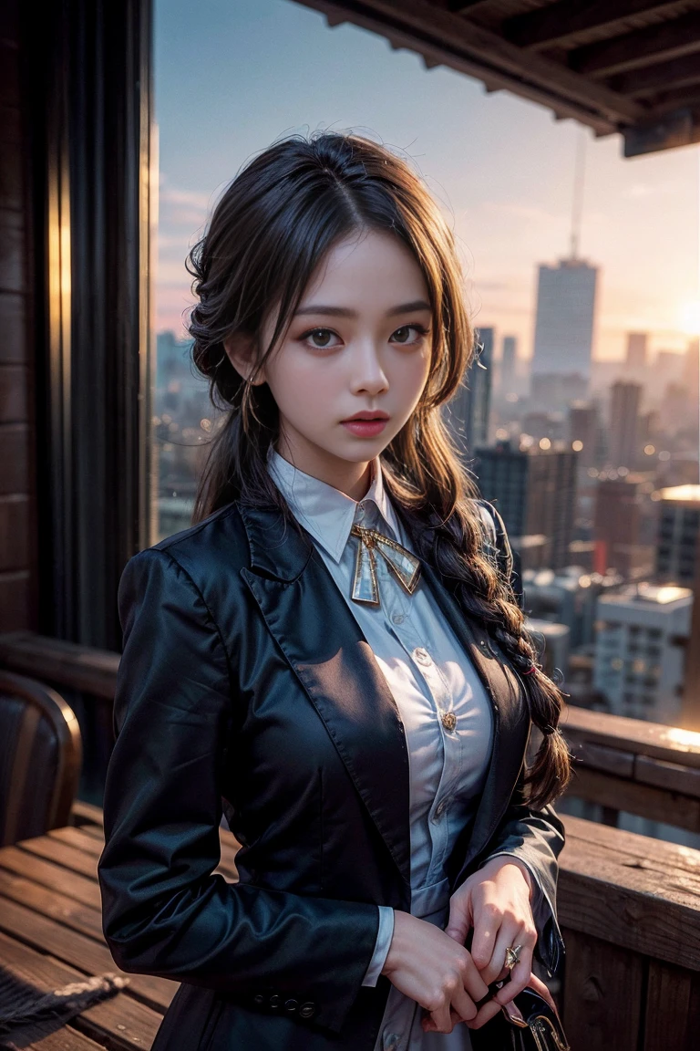 A hyper-photorealistic portrait of Makima from Chainsaw Man, depicted as a 2 woman with striking red hair tied in a neat braid that falls over her left shoulder, and piercing golden eyes that exude an eerie, commanding presence. She is dressed in a perfectly tailored black suit with a white dress shirt and a black tie, exuding an aura of authority and mystery. The background is an urban rooftop at sunset, with the cityscape bathed in warm, golden light that contrasts with Makima's cold expression. Captured with a Nikon Z9 full-frame mirrorless camera paired with a Zeiss Otus 85mm f/1.4 lens, shot at f/1.4 to create a razor-thin depth of field, placing Makima in sharp focus against the softly blurred city background. The lighting is a mix of natural sunset light and a subtle fill light from a softbox, positioned to the right, casting soft, dramatic shadows that enhance the intensity of her gaze. The color palette is carefully chosen with complementary tones of gold, black, and white, meticulously graded in the ACES color space for a cinematic, moody atmosphere. The image is rendered in ultra-high-definition 16K resolution, showcasing every detail with astonishing clarity, from the subtle textures of her suit to the intensity in her eyes.