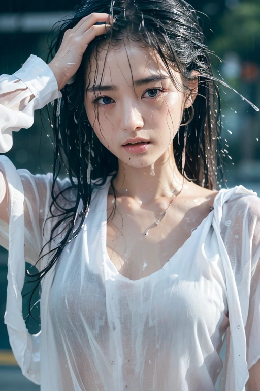 Best image quality, masterpiece, Ultra-high resolution, (Loyalty :1.4), Pretty Japanese woman, 1 person, Detailed face, Detailed eyes, Correct human anatomy, ,tears, tearsdrop, (White shirt), (Wet clothes stick to the body:1.4), Exposing shoulders, ((Wet Hair)), Heavy Rain, Shibuya Crossing
