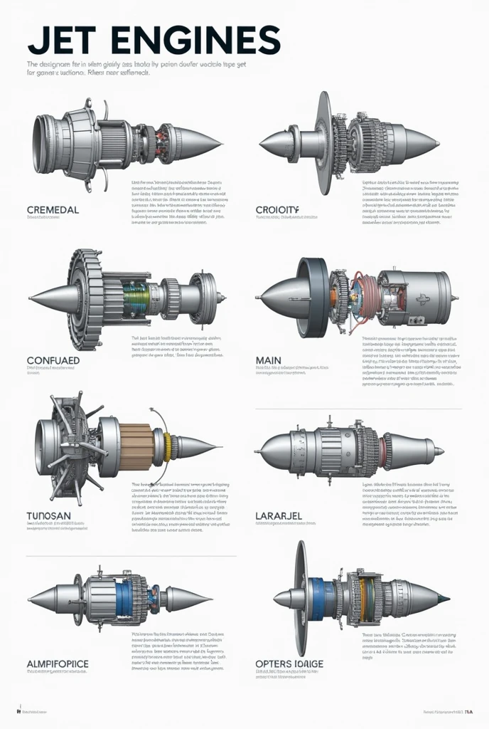 Make me a poster on different types of jet engine
Less magnified and less detailed only mansion important points 
In english 