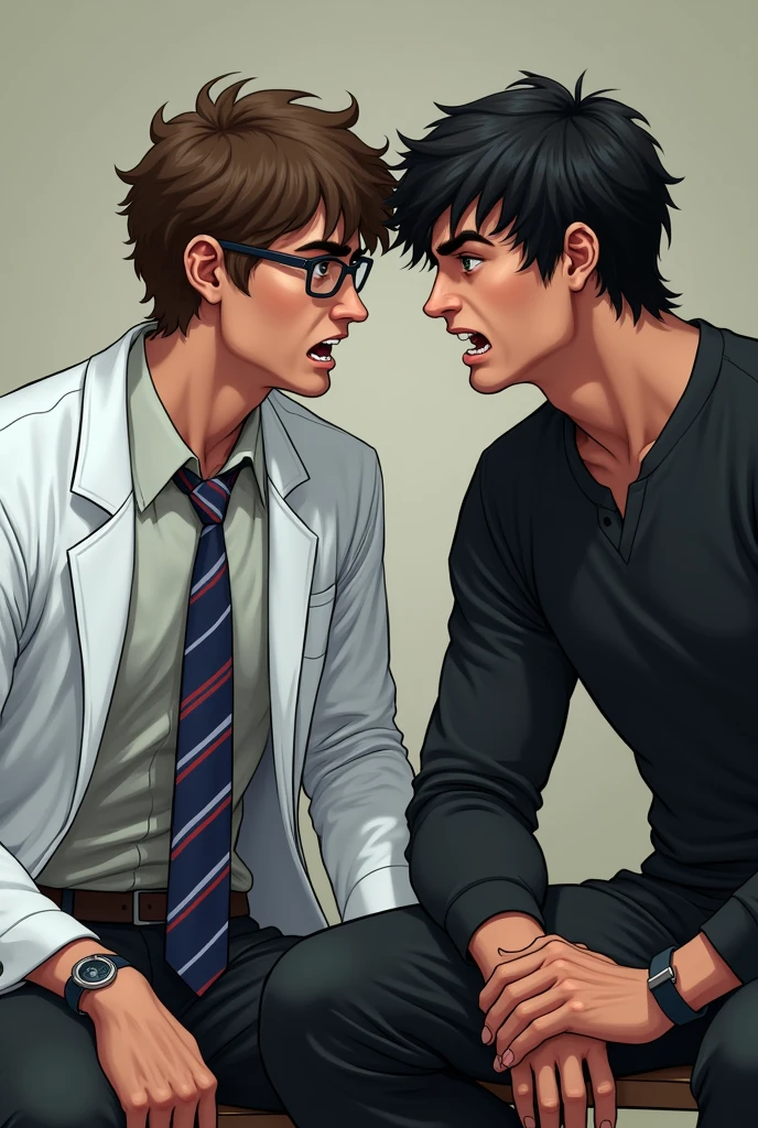 create two guys 20 years old sitting next to each other, in the left the guy is taller has eye glasses and has brown wavy curly hair, he wears lab gown over white long sleeves and blue and red stripes tie, has green eyes looking at the other guy angrily, the other guy beside him wears black clothes has wavy black hair and looks as if he's trying to provoke the other guy.