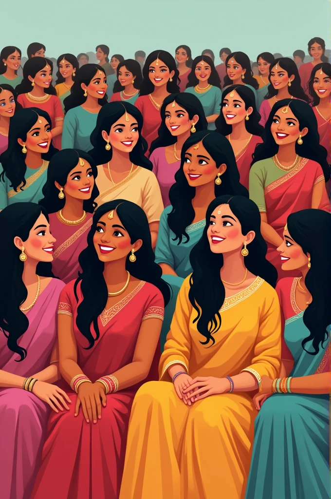 A large group of Indian women wearing colorful traditional saris, smiling and posing together while sitting down looking sideways in 2d form