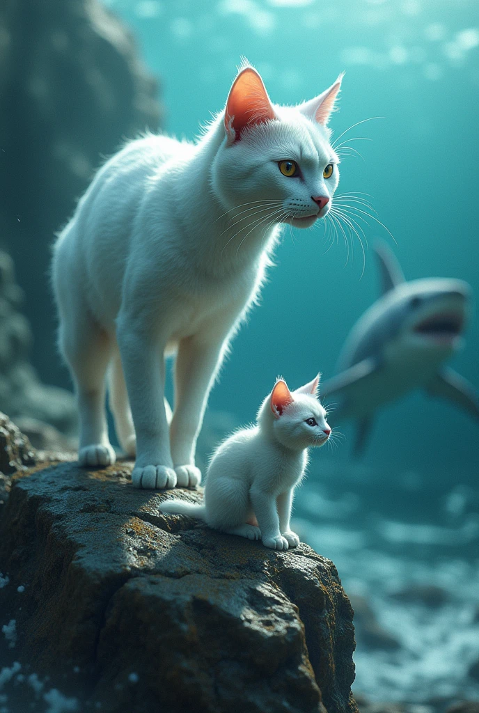 The white mermaid cat, now standing protectively on the rock beside the baby cat, hisses loudly, her fur bristling as she challenges the shark. The shark, realizing it’s no match for the determined mermaid cat, retreats back into the deep water.