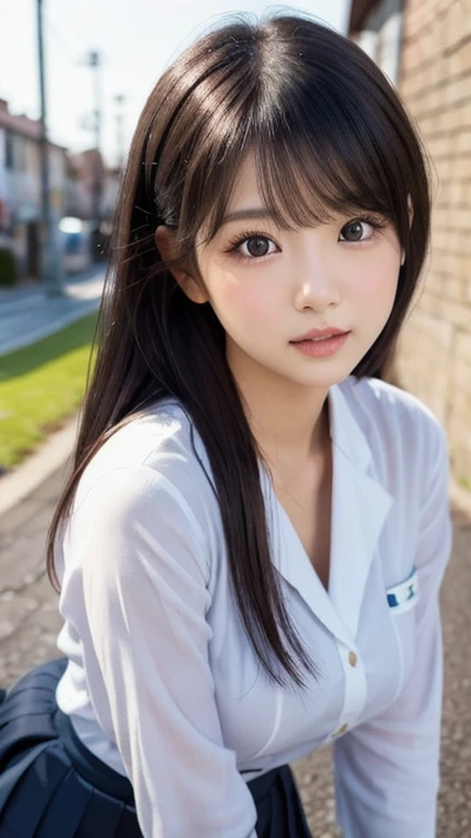 One Girl, (a beauty , delicate :1.3), (Uniform:1.3),((Cute pose)) ,Very detailedな明瞭さ, (Symmetrical eyes:1.3), Small breasts, A pose that emphasizes the buttocks and thighs、Brown eyes, ((very beautiful long black hair)),((Pixie Cut))、 Brown Hair, ,, (Eye and facial details:1.0),, (masterpiece, Highest quality, Very detailed, Detailed face, 8k)