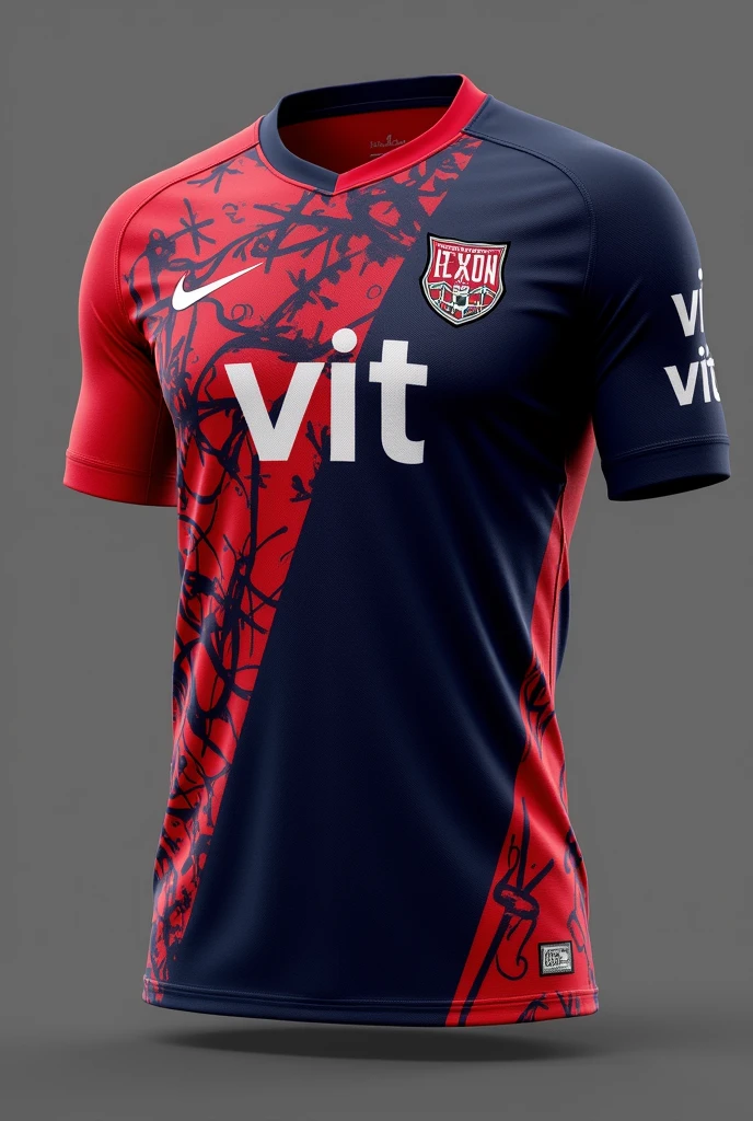 Generate 10 football jersey designs in red and dark blue colours with 'VIT' logo on the chest with unique pattern
