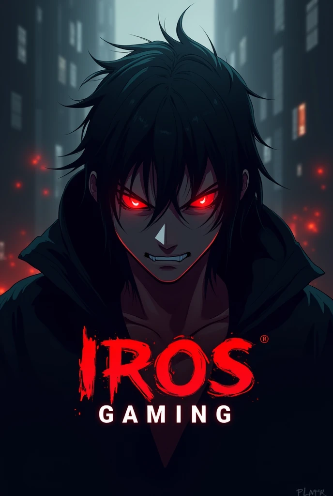 "IROS GAMING" in a bold text written in the picture with a suitable color modern font that complements the dark, intense theme. A dark-shaded anime character with a menacing look. The character should have a prominent, intimidating expression with striking red eyes. Dark tones (black, gray) with accents of red for the eyes and possibly other details to enhance the overall fearsome look. The character can be either a full face or a more stylized, abstract version to keep the logo clean and versatile.