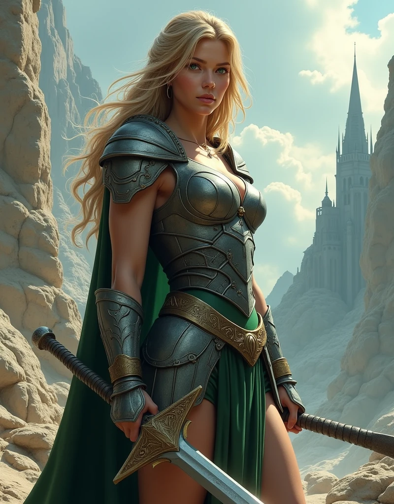 Erica Durance as Asgard, Valkyrie, green eyes, fitness woman, Lady Knight, Correct anatomy, holding a magic greatsword, epic fantasy, digital art, masterpiece, 8K, high definition resolution, detailed drawing, better quality, epic composition, muscular body