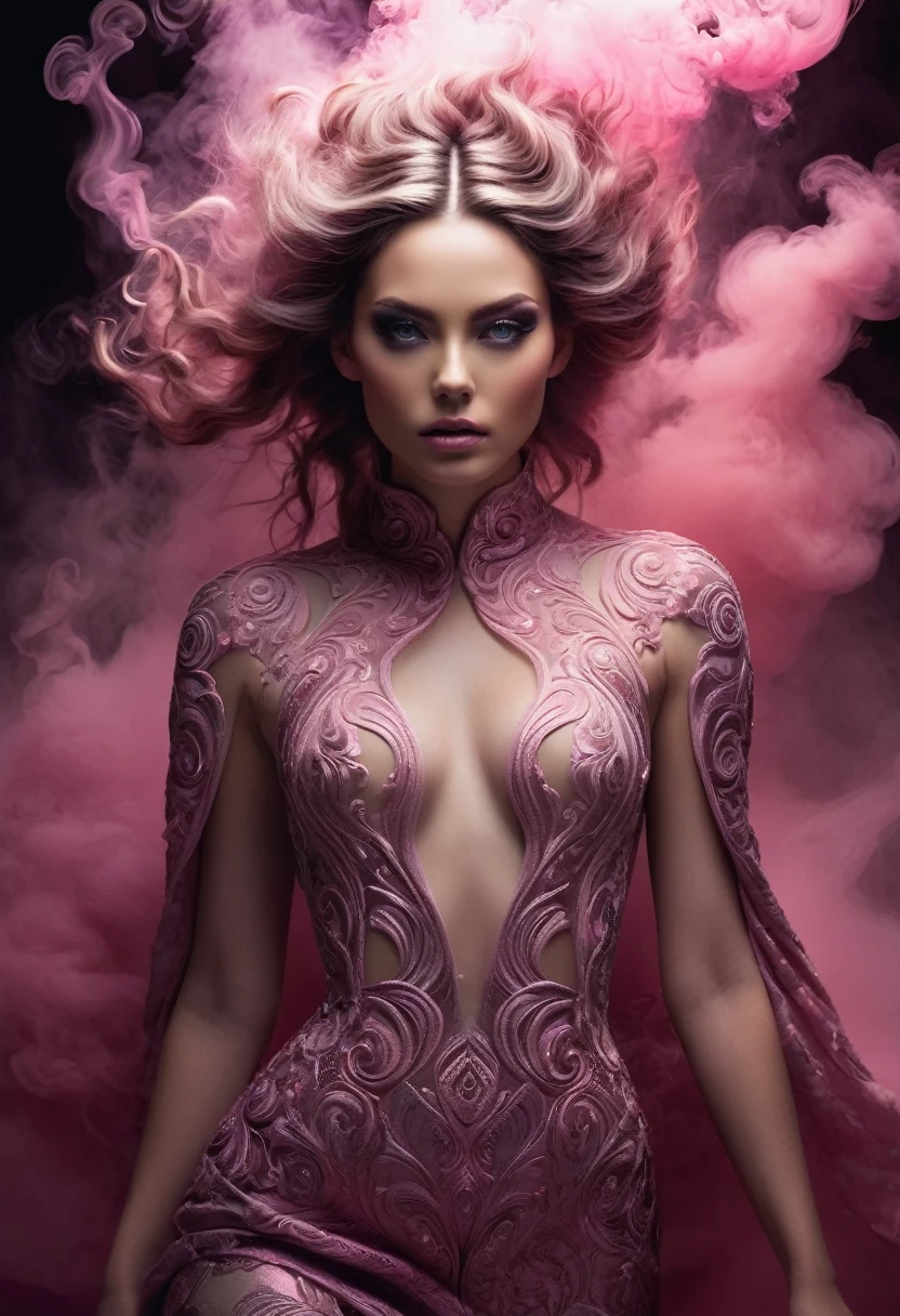 A majestic work of art, a woman, intricately detailed, with an intense, piercing gaze emanating from her singular, striking eye, set against a backdrop of ethereal, swirling pink smoke that appears to shift and undulate as if alive, illuminated by a cinematic lighting scheme that casts dramatic, high-contrast shadows and highlights, evoking a sense of mystery and the otherworldly, with each element expertly rendered in exquisite, high-definition detail, exuding a sense of artistic mastery and visual sophistication.