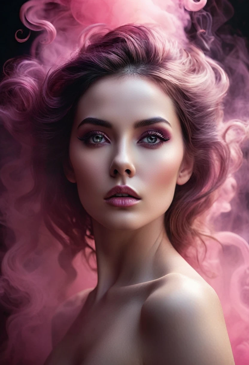 A majestic work of art, a woman, intricately detailed, with an intense, piercing gaze emanating from her singular, striking eye, set against a backdrop of ethereal, swirling pink smoke that appears to shift and undulate as if alive, illuminated by a cinematic lighting scheme that casts dramatic, high-contrast shadows and highlights, evoking a sense of mystery and the otherworldly, with each element expertly rendered in exquisite, high-definition detail, exuding a sense of artistic mastery and visual sophistication.
