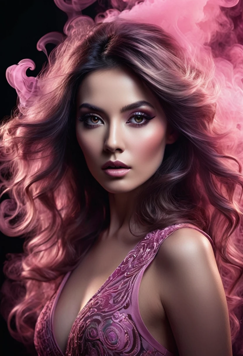 A majestic work of art, a woman, intricately detailed, with an intense, piercing gaze emanating from her singular, striking eye, set against a backdrop of ethereal, swirling pink smoke that appears to shift and undulate as if alive, illuminated by a cinematic lighting scheme that casts dramatic, high-contrast shadows and highlights, evoking a sense of mystery and the otherworldly, with each element expertly rendered in exquisite, high-definition detail, exuding a sense of artistic mastery and visual sophistication.