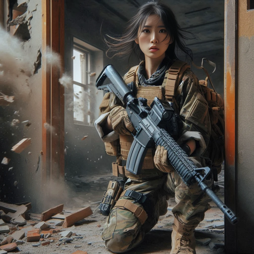 8K, realistic photo, realistic skin texture, Beautiful Japanese women in the US military、Outside the building、explosion、Close call、Walls bursting with debris、They are shouting to evacuate immediately.、Automatic rifle、Bulletproof vest、Back Back、boots、Covered in scars、Grim expression、Dynamic pose、Innovative composition、Dust is flying、傷だらけ