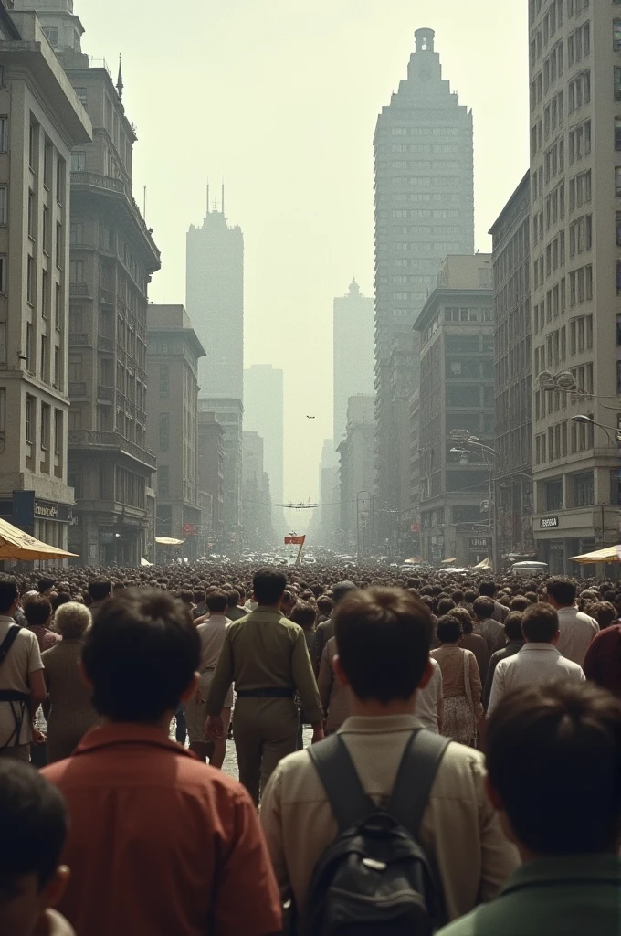 Photo from the time of the military regime, with a background showing an urban scene of São Paulo in the 70s,