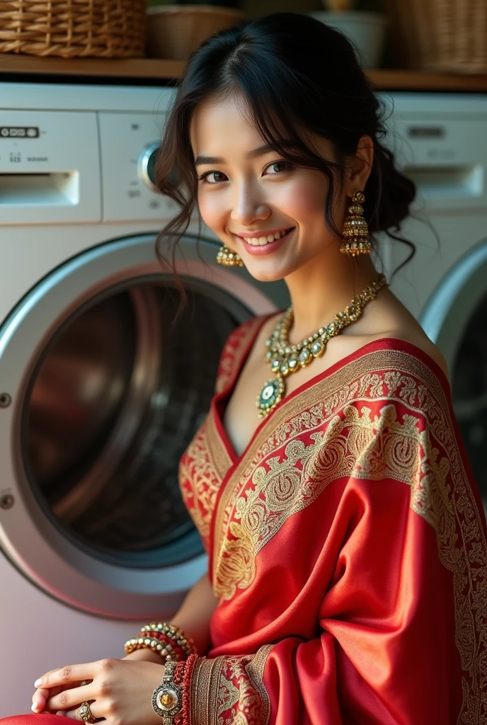 beautiful asian girl in colorful saree, (best quality, 8k, 32k, perfect body, ultra detailed body) big breasted, smiling, washing clothes in washing machine background, intricate detailed clothing, ornate jewelry, photorealistic, highly detailed, warm lighting, vibrant colors, cinematic composition