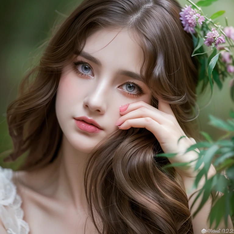 a gorgeous nymph, detailed high quality full body portrait, blushing face, beautiful detailed eyes, beautiful detailed lips, extremely detailed face, long eyelashes, porcelain skin, flowing hair, graceful pose, ethereal, fantasy, vibrant colors, natural lighting, photorealistic, 8k, best quality, masterpiece
