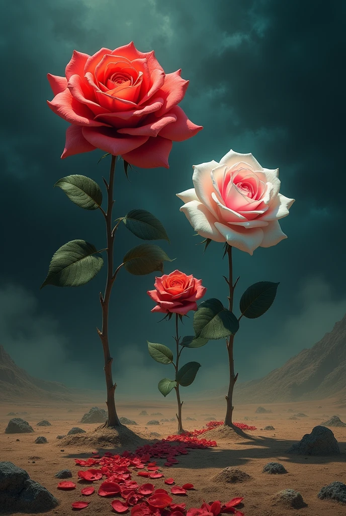 3 flowers(one red one pind one white) standing in arid desert, nightmare view darkness everywhere. The white rose stand strong the biggest between the trio. The pink rose are little but light the darkest sky. The red rose are the most beautiful and her petal show a path in this night mare scene. Dreamlike view