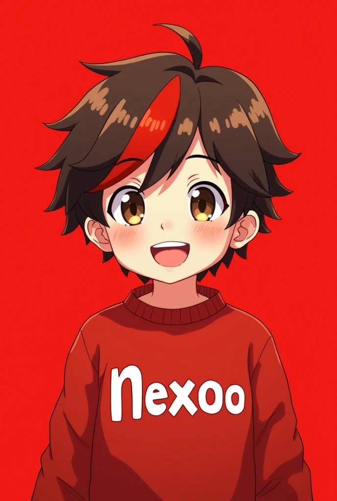 Make me a boy who looks like in anime, he has brown curls and a red stripe in front and the background is red, he should smile and the background should also be red and he has a red sweater with Nexoo written on it in white letters, he should look like in anime