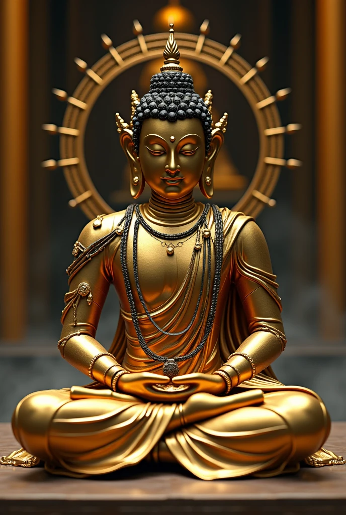 (Vision:1.3), (Full body shot:1.5), (1 Golden Cyberpunk Mechanical Buddha:1.8), many hands, Meditating, Sit cross-legged, Do meditation poses, Wearing an ornate headdress made of black metal parts, Precision mechanical body, Ultra-fine electronic components, Temple Background, light, musical note hair ornament, Surrealism, blind box toy style, Futurism, Conceptual art, Luminism, god rays, symmetry, first-person view, Ultra-Wide Angle, UHD, anatomically correct, accurate, masterpiece, award winning, 8k
