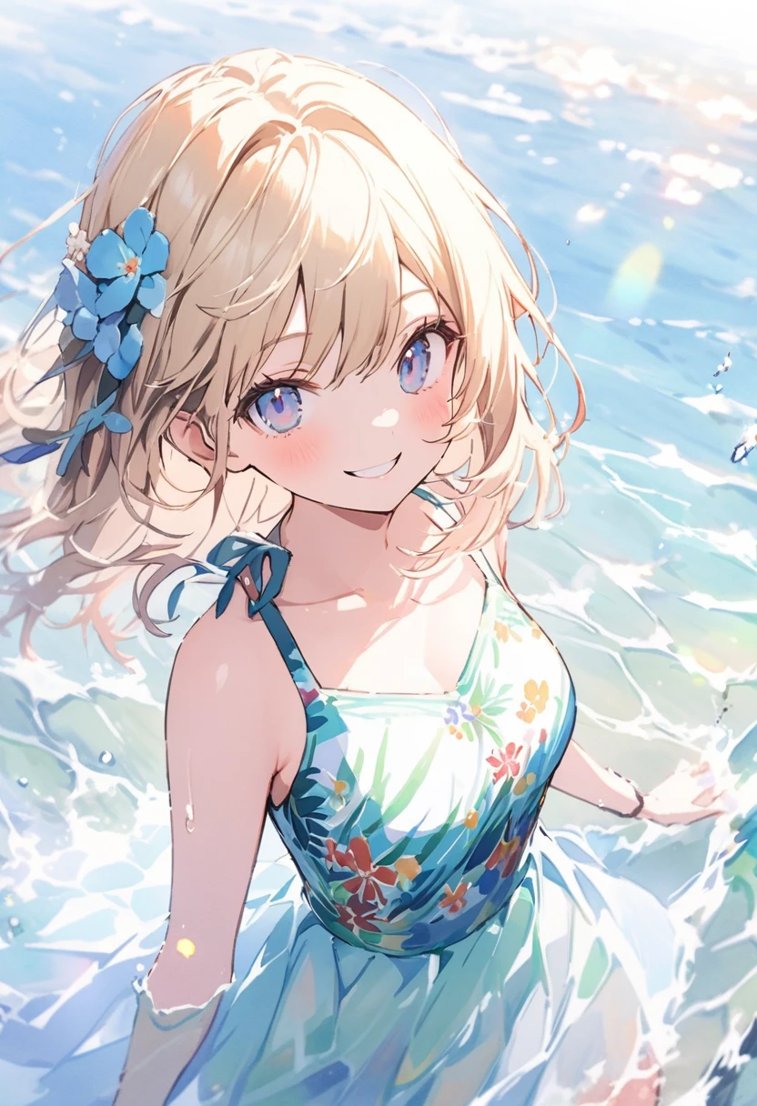 beautiful girl (One girl, cute, attractive, clear:1.3) High resolution High resolution Fine Touch Outline (Great illustrations, Beautiful details, clear, Highest quality:1.3), watercolor, Beautiful details, Swimwear, swim in the sea, clear water, smile, Enjoy summer, sunlight, Beautiful illustrations